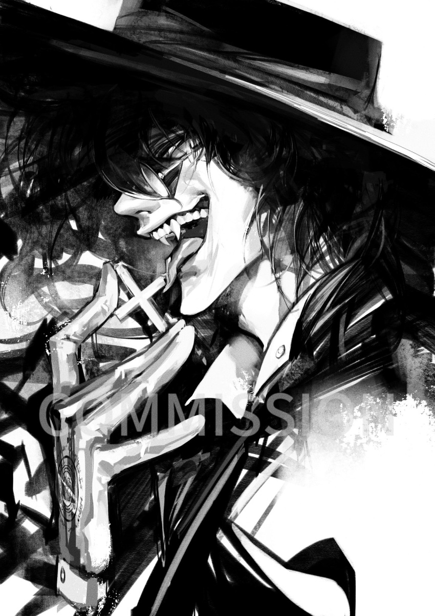 1boy alucard_(hellsing) black_hair collared_shirt commission cross glasses gloves greyscale grin hair_between_eyes hat hellsing highres holding holding_cross licking male_focus medium_hair messy_hair monochrome sharp_teeth shirt smile solo teeth tequilafunk tongue tongue_out upper_body vampire white_background