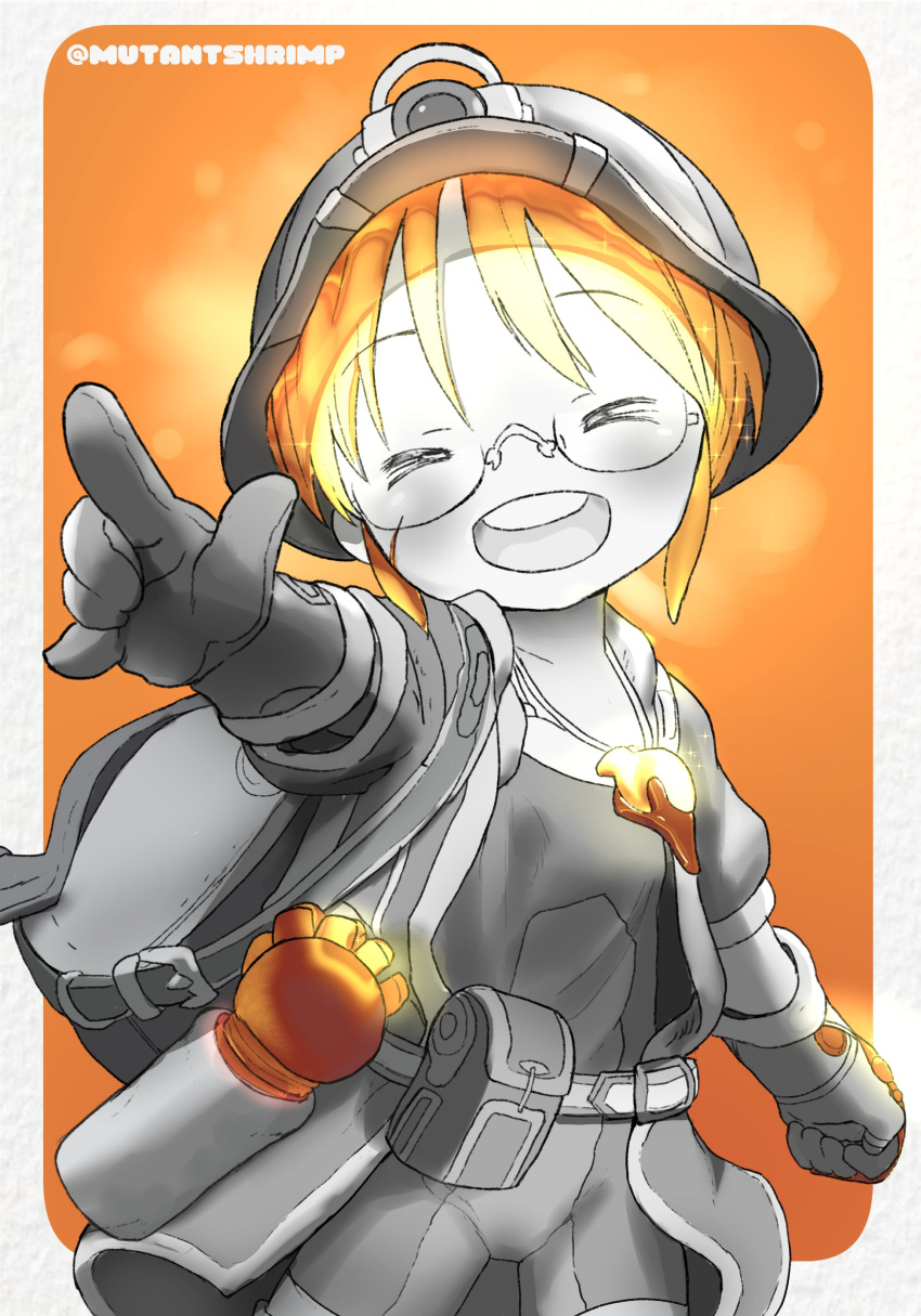 absurdres blonde_hair happy helmet highres made_in_abyss monochrome mutantshrimp riko_(made_in_abyss) smile whistle whistle_around_neck