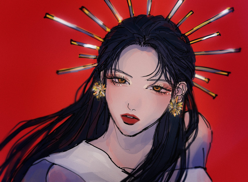 1girl animification black_hair close-up dress earrings english_commentary eyelashes eyeshadow gfriend hair_ornament highres jewelry k-pop long_hair looking_at_viewer makeup poyo01158711 real_life red_background red_eyeshadow red_lips solo sowon_(gfriend) upper_body white_dress