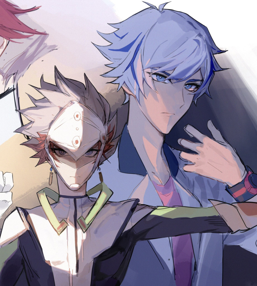 2boys arm_up assault_visor bad_id bad_lofter_id black_wristband blue_eyes blue_hair bodysuit bright_pupils bullet clenched_hand dangle_earrings dual_persona earrings expressionless grey_hair hand_up highres jacket jewelry kogami_ryoken looking_at_viewer male_focus multicolored_hair multiple_boys naoki_(2rzmcaizerails6) outstretched_arm pink_shirt red_hair revolver_(yu-gi-oh!) shirt short_hair spiked_hair streaked_hair upper_body white_jacket yu-gi-oh! yu-gi-oh!_vrains