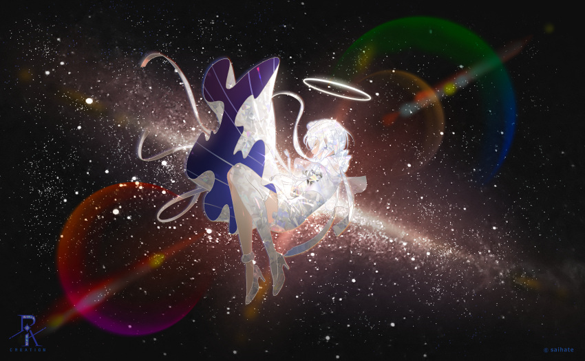 1girl closed_eyes commentary_request dia_(saihate_(d3)) dress halo high_heels highres long_hair original photo_background saihate_(d3) shoes single_thighhigh solo space star_(sky) thighhighs twitter_username very_long_hair white_dress white_hair white_thighhighs