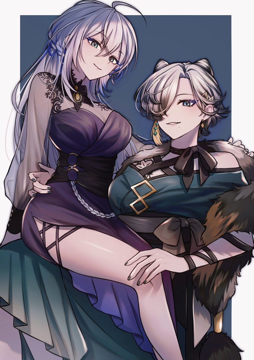 2girls ahoge blue_eyes breasts cleavage double_bun earrings grey_hair hair_bun hair_over_one_eye hand_on_another's_shoulder hand_on_another's_waist highres jewelry kunai_nakasato large_breasts long_hair looking_at_viewer miaochan_zzz mole mole_under_mouth multicolored_hair multiple_girls nijisanji nijisanji_en short_hair sitting sitting_on_lap sitting_on_person smile streaked_hair tattoo victoria_brightshield virtual_youtuber