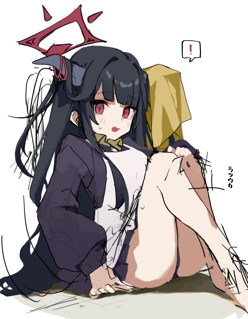 1girl absurdres apron black_hair black_horns blue_archive blunt_bangs blush demon_horns fuuka_(blue_archive) halo highres horns loah_66 long_hair long_sleeves looking_at_viewer on_floor open_clothes open_mouth red_eyes red_halo simple_background sketch solo sweatdrop white_apron white_background