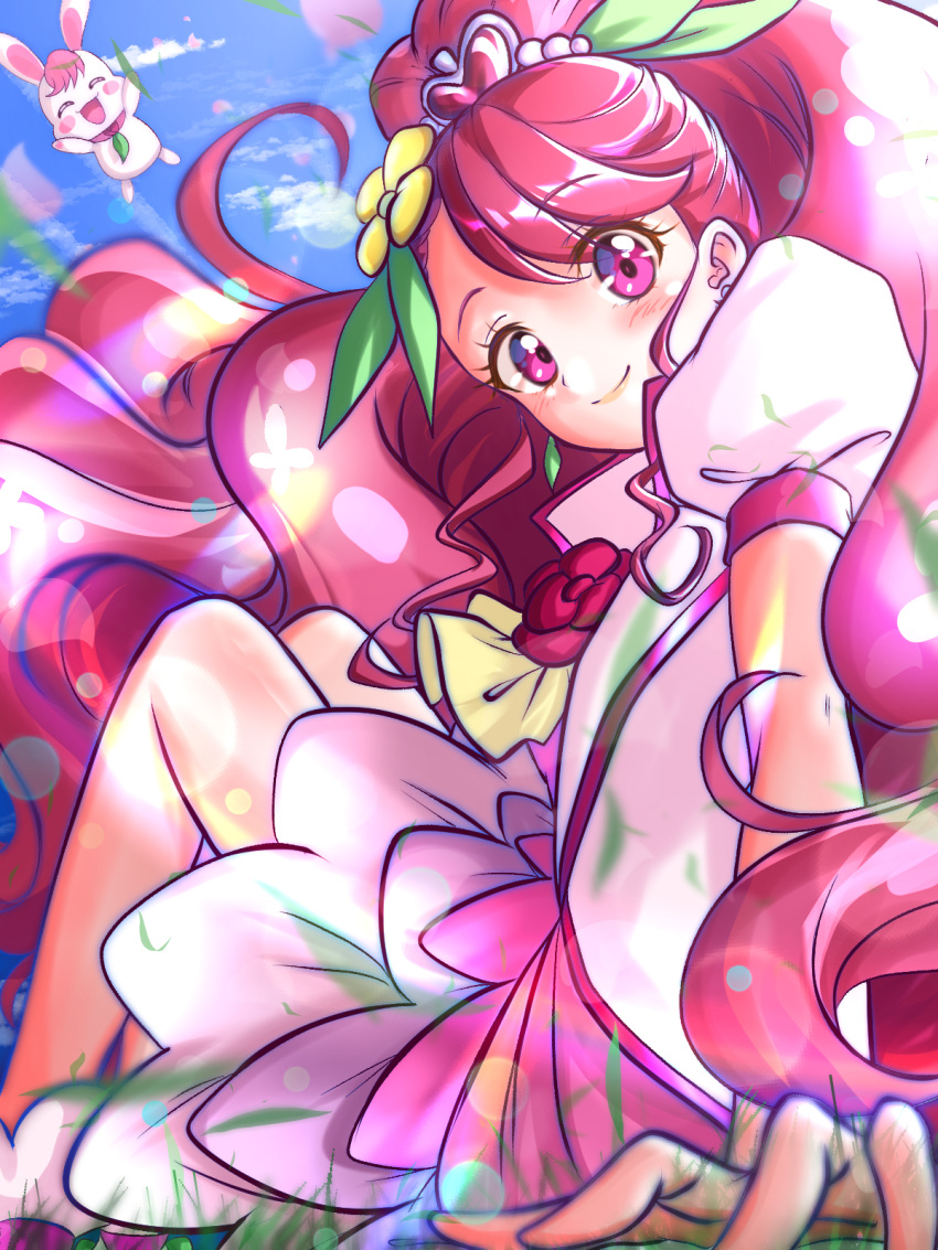 1girl bare_legs blush blush_stickers closed_eyes closed_mouth cloud cure_grace dot_nose flower flower_brooch grass hair_flower hair_ornament hanadera_nodoka healin'_good_precure heart heart_hair_ornament highres jacket kakikakilemon legs_together long_hair looking_at_viewer looking_back magical_girl open_mouth outdoors pink_eyes pink_hair pink_skirt precure puffy_sleeves rabbit rabirin_(precure) shoes sitting skirt sky smile white_footwear white_jacket