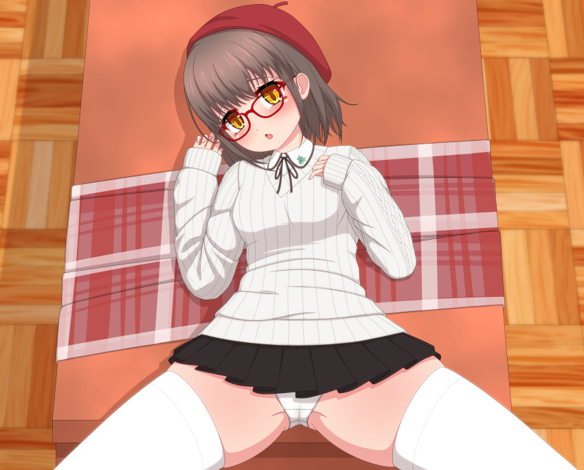 1girl assertive_female beret black_ribbon black_skirt blush breasts brown_hair collared_shirt cowboy_shot fujigaya_arctia glasses hat head_tilt highres long_sleeves looking_at_viewer lying mahjong_soul medium_bangs medium_breasts miniskirt neck_ribbon ninomiya_hana on_back open_mouth panties pleated_skirt red-framed_eyewear red_hat ribbon shirt short_hair skindentation skirt solo sweater textless_version thighhighs underwear variant_set white_panties white_shirt white_sweater white_thighhighs yellow_eyes