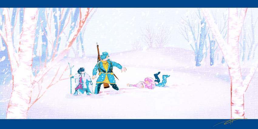 1girl 2boys ainu asirpa bare_tree blue_border border cloak coat commentary dctroo_08 falling golden_kamuy gun gun_on_back headband highres holding letterboxed long_hair looking_at_another multiple_boys painting_(medium) shiraishi_yoshitake short_hair sidelocks signature snow snowing sugimoto_saichi symbol-only_commentary traditional_media tree watercolor_(medium) weapon weapon_on_back