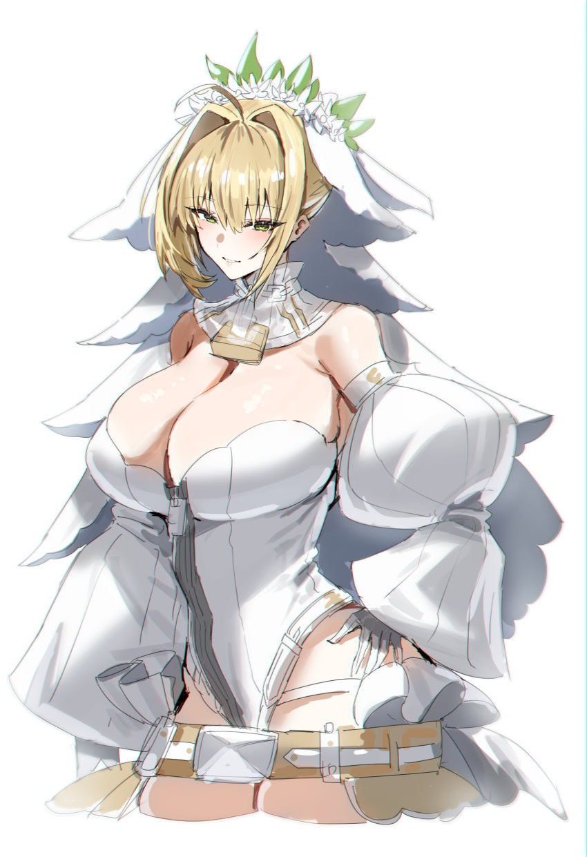 1girl absurdres ahoge bare_shoulders belt blonde_hair blush breasts chain cleavage detached_collar detached_sleeves elbow_gloves fate/extra fate/extra_ccc fate/grand_order fate_(series) flower_wreath gloves green_eyes hair_between_eyes hair_intakes head_wreath highleg highleg_leotard highres horn/wood large_breasts leotard lock long_hair looking_at_viewer nero_claudius_(bride)_(fate) nero_claudius_(bride)_(second_ascension)_(fate) nero_claudius_(fate) padlock puffy_sleeves smile solo veil white_gloves white_leotard wide_sleeves zipper