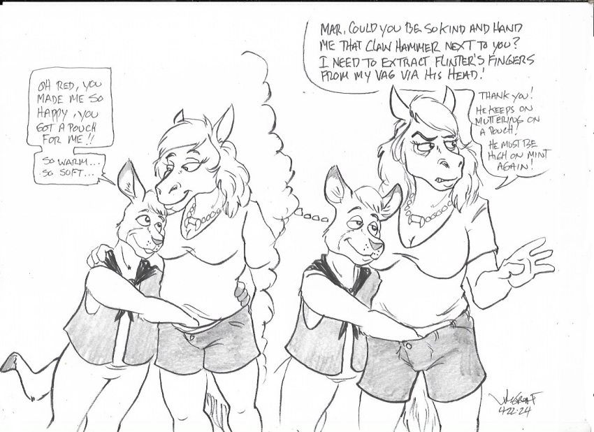 2024 anthro bottomless bottomwear breasts clothed clothing comic dialogue dipstick_ears dipstick_tail duo ear_markings english_text equid equine female flinters_(character) fur hair hand_in_pants horse kangaroo macropod male male/female mammal markings marsupial multicolored_ears open_clothing open_topwear open_vest rabbi-tom red_shetland scarf shorts tail tail_markings text thought_bubble topwear vest