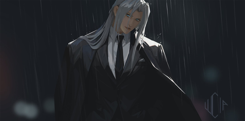 1boy aqua_eyes black_jacket black_necktie black_suit blurry blurry_background closed_mouth collared_shirt final_fantasy final_fantasy_vii final_fantasy_vii_rebirth final_fantasy_vii_remake formal grey_hair hair_between_eyes highres jacket long_bangs long_hair looking_at_viewer lucia_hsiang male_focus necktie parted_bangs pocket_square rain sephiroth shirt signature solo suit suit_jacket upper_body waistcoat white_shirt