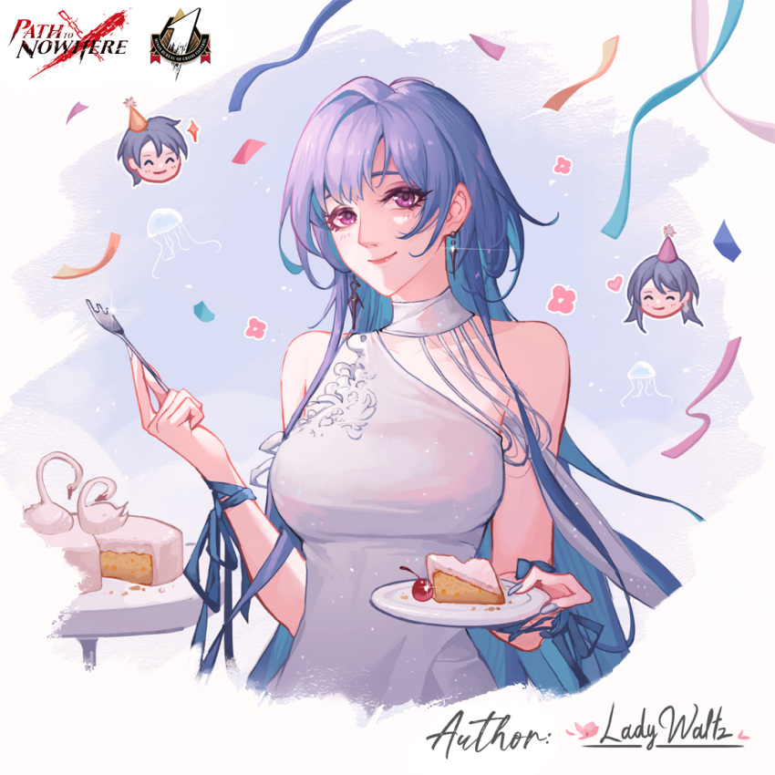1boy 2girls bare_shoulders blue_hair breasts cake cake_slice cherry chief_(path_to_nowhere) confetti detached_collar dress earrings female_chief_(path_to_nowhere) food fork fruit hair_between_eyes hamel_(path_to_nowhere) hat holding holding_fork jellyfish jewelry ladywaltz large_breasts light_blush logo long_hair looking_at_viewer male_chief_(path_to_nowhere) multicolored_hair multiple_girls nail_polish party_hat path_to_nowhere plate purple_eyes signature single-shoulder_dress smile two-tone_hair upper_body very_long_hair white_dress white_nails