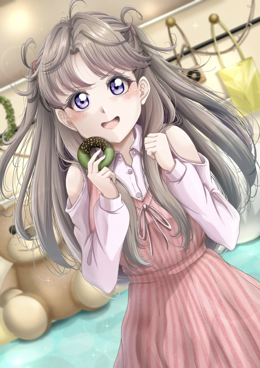 1girl :d blurry blurry_background blush brown_hair chocolate clenched_hand clothing_cutout collared_shirt commentary_request dress dutch_angle food fujishima_megumi hands_up highres holding holding_doughnut holding_food link!_like!_love_live! long_hair looking_at_viewer love_live! matcha_(food) messy_hair pinafore_dress pink_dress purple_eyes scene_reference shirt shoulder_cutout sleeveless sleeveless_dress smile solo souneko_123 stuffed_animal stuffed_toy sweater sweater_dress teddy_bear two_side_up virtual_youtuber white_shirt