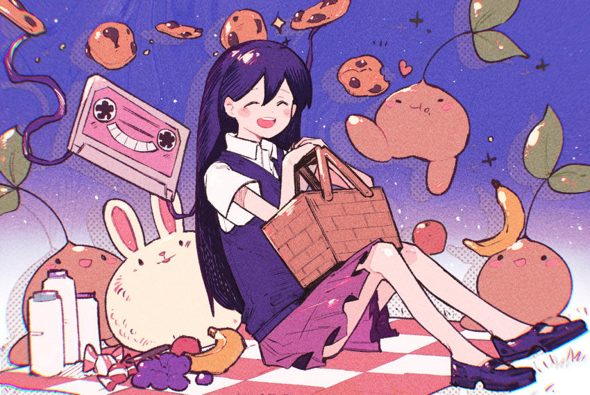 1girl ^_^ apple banana basket bottle candy checkered_blanket closed_eyes collared_shirt cookie food forest_bunny_(omori) fruit full_body gradient_background grapes hair_behind_ear hair_between_eyes halftone highres holding holding_basket inari1369 knees_up leaf mari_(headspace)_(omori) mari_(omori) omori open_mouth own_hands_together picnic_basket picnic_blanket pink_skirt purple_background purple_footwear purple_hair purple_sweater_vest rabbit shirt short_sleeves sitting skirt smile solo sparkle sprout_mole sweater_vest teeth upper_teeth_only white_background white_shirt wrapped_candy