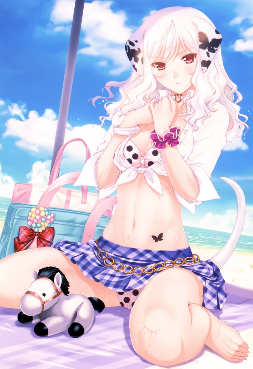 animal_ears bikini breast_hold cleavage feet hataraki_kuma inumimi open_shirt swimsuits tail tattoo wet