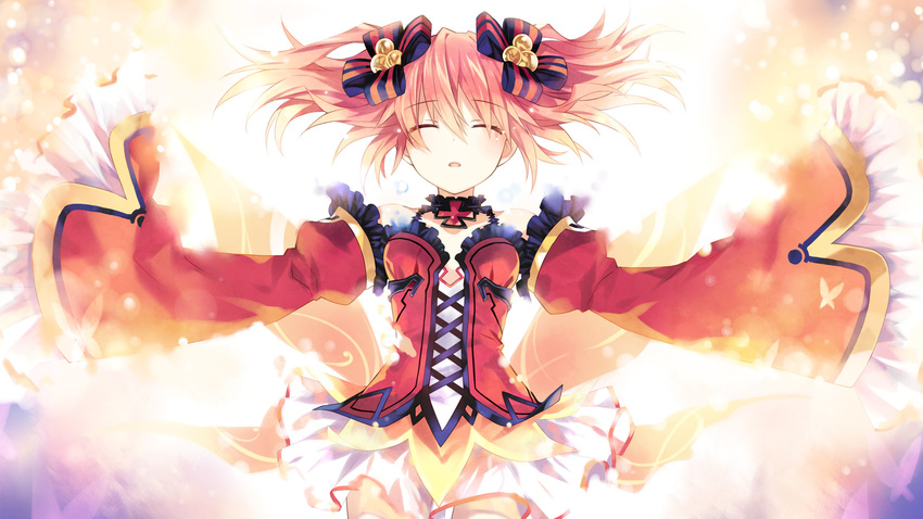 alyn_(fairy_fencer_f) bug butterfly closed_eyes collar cross detached_sleeves dress fairy_fencer_f frills game_cg glowing hair_ornament highres insect light_particles official_art open_mouth orange_hair sleeves_past_wrists solo tsunako twintails wide_sleeves