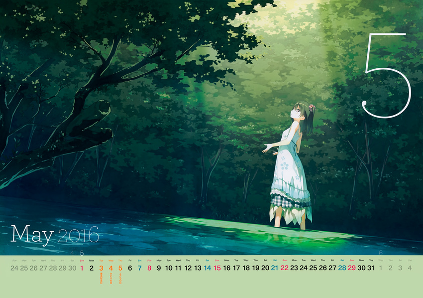 absurdres barefoot black_hair calendar_(medium) highres huge_filesize kantoku looking_at_viewer medium_hair original pink_eyes scan shizuku_(kantoku) solo tree water