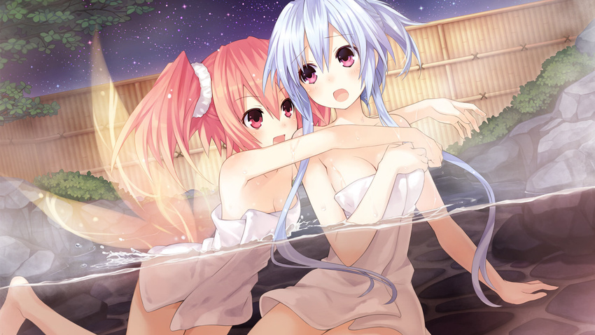 :d :o alyn_(fairy_fencer_f) bare_shoulders blue_hair breasts cleavage fairy_fencer_f game_cg hair_up highres medium_breasts multiple_girls naked_towel onsen open_mouth partially_submerged pink_eyes pink_hair purple_eyes scan sidelocks sitting small_breasts smile steam tiara_(fairy_fencer_f) towel tsunako twintails wet wings