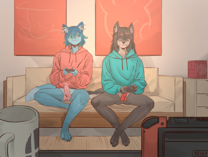 anthro balls canid canine canis clothed clothing erection felix_heartstone fox fur game_(disambiguation) hoodie male mammal mervvin nintendo penis poods smug switch video_games wolf