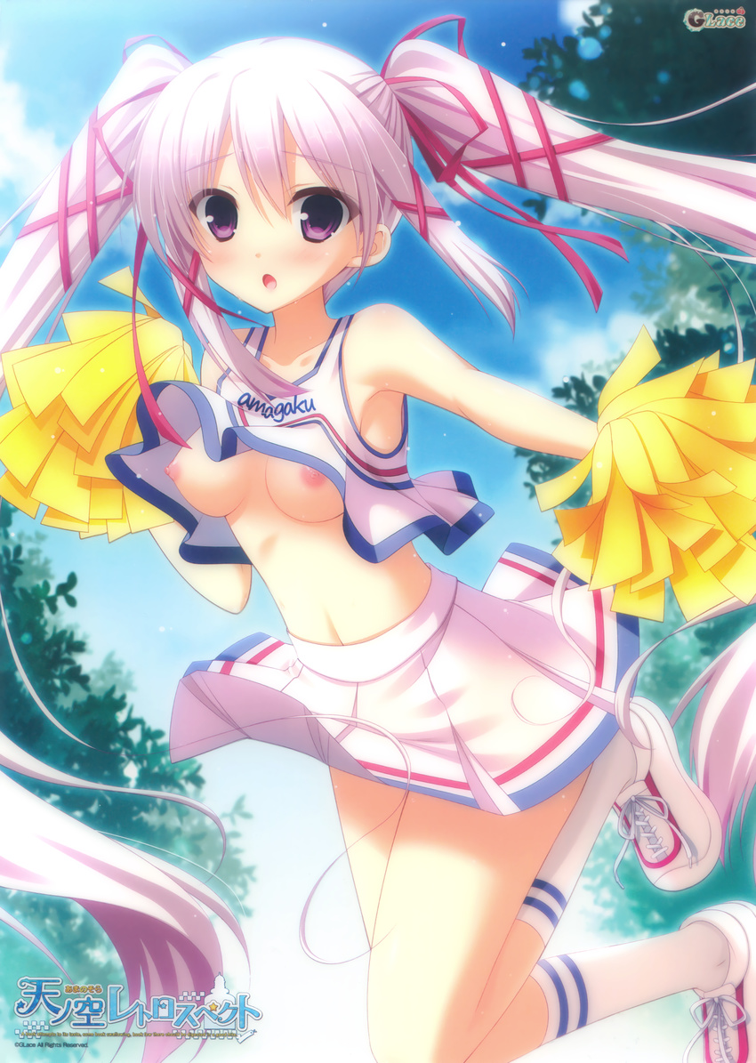 :o absurdres ama_no_sora_retrospect amahoshi bloom blue_sky breasts cloud cross-laced_footwear day double_horizontal_stripe hair_ribbon highres hisama_kumako kneehighs long_hair looking_at_viewer medium_breasts navel nipples open_mouth outdoors pleated_skirt pom_pom_(clothes) pom_poms purple_eyes red_ribbon ribbon scan shirt_lift shoes silver_hair skirt sky sneakers socks solo twintails very_long_hair white_legwear white_skirt
