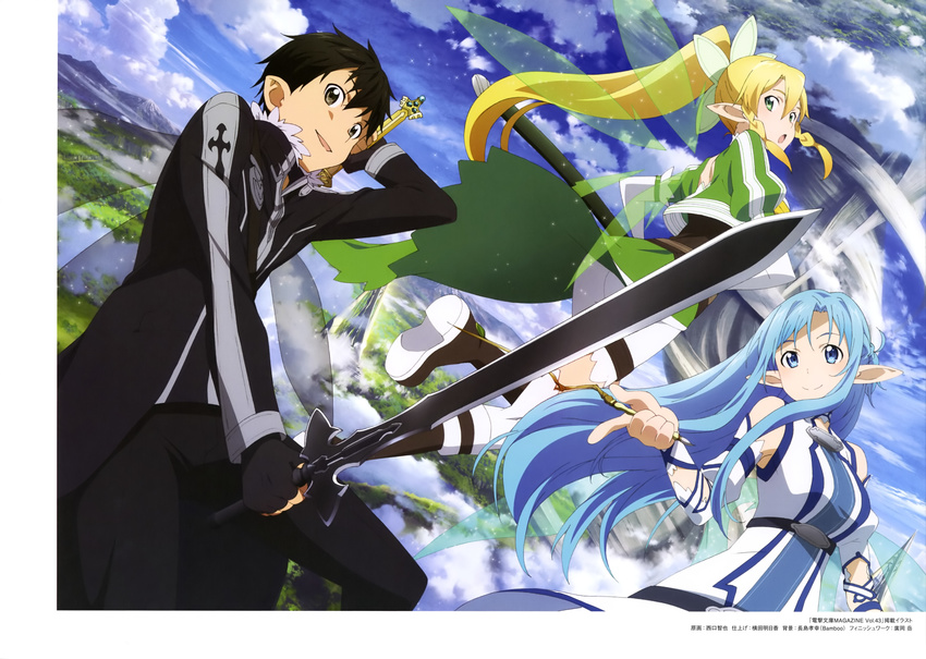 asuna_(sword_art_online) kirito leafa nishiguchi_tomoya pointy_ears sword sword_art_online thighhighs weapon wings