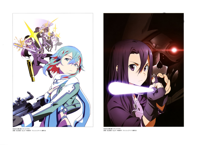 adachi_shingo armor cleavage death_gun gun gun_gale_online kirito sinon sword sword_art_online