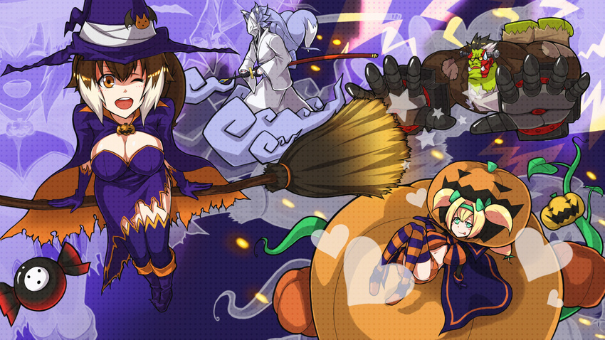 animal_ears blazblue cleavage dress hakumen halloween iron_tager makoto_nanaya platinum_the_trinity purinnssu tail thighhighs wallpaper witch