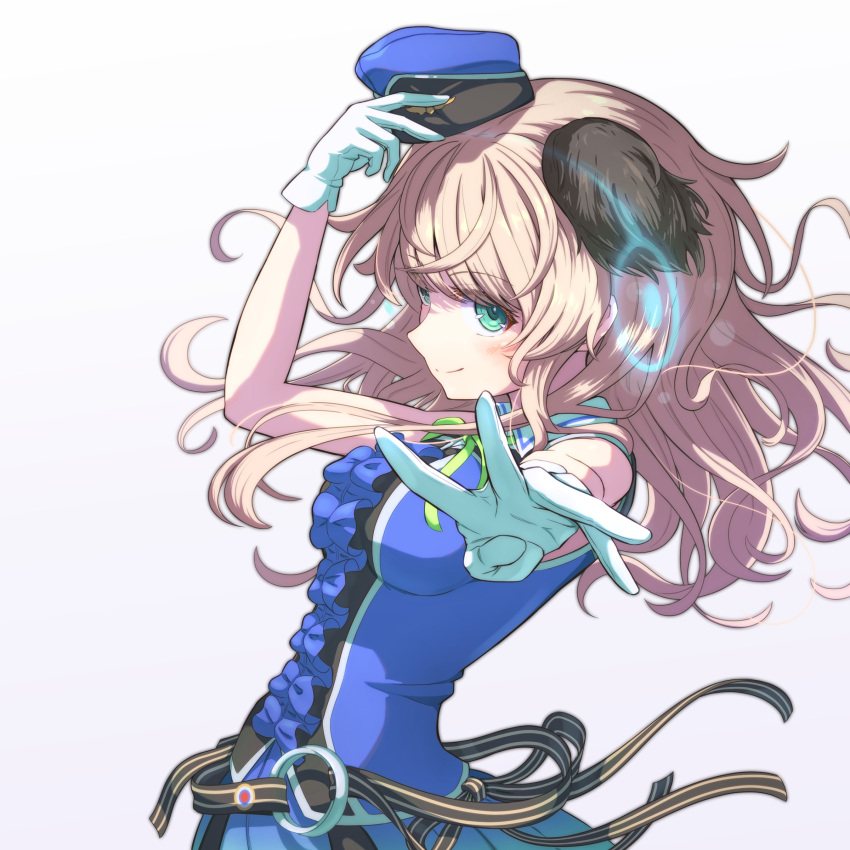 1girl absurdres animal_ears bird_ears blue_bow blue_dress blush bow commentary dress gloves green_eyes highres hirschgeweih_antennas light_brown_hair luminous_witches shionic_zm shirt smile solo virginia_robertson white_gloves world_witches_series