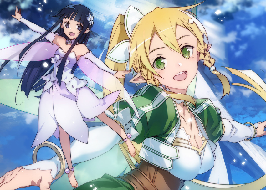 abec black_eyes black_hair blonde_hair breasts cleavage collar collarbone detached_sleeves dress green_eyes hair_ornament highres large_breasts leafa long_hair looking_at_viewer multiple_girls open_mouth pointy_ears ponytail strapless strapless_dress sword_art_online white_dress yui_(sao) yui_(sao-alo)