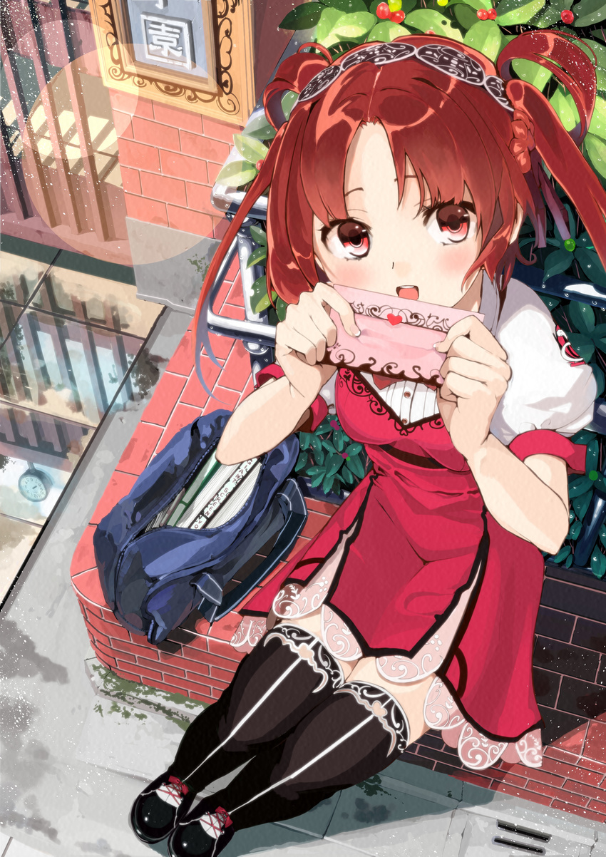 absurdres bag black_legwear brown_hair dress from_above furukawa_itsuse hair_ornament highres letter long_hair looking_at_viewer love_letter open_bag open_mouth original outdoors red_dress red_eyes school_bag sitting solo thighhighs