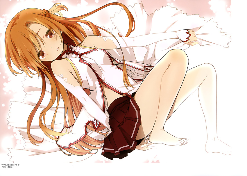 absurdres asuna_(sao) bare_shoulders barefoot blush brown_eyes brown_hair end_card highres kuroda_bb looking_at_viewer skirt sword_art_online