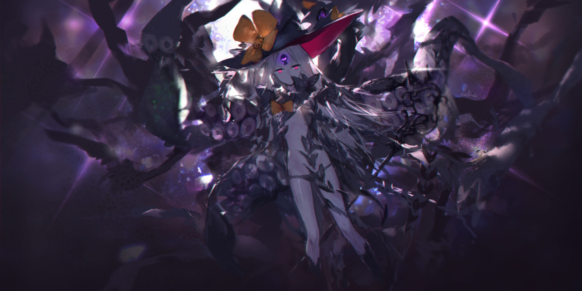 1girl abigail_williams_(fate/grand_order) bangs black_bow black_hat black_legwear black_panties bow covered_mouth dutch_angle fate/grand_order fate_(series) glowing glowing_eyes hat hat_bow highres kneehighs long_hair looking_at_viewer orange_bow pale_skin panties parted_bangs red_eyes revealing_clothes sketch solo suction_cups swd3e2 topless underwear very_long_hair white_hair witch_hat