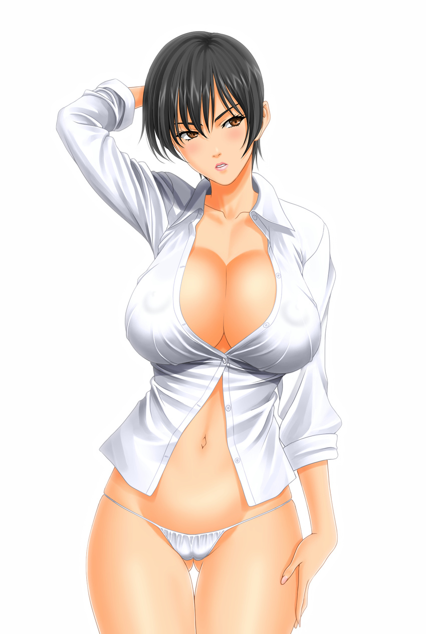 cameltoe cleavage dress_shirt erect_nipples muryuuin_tayun no_bra open_shirt pantsu thong