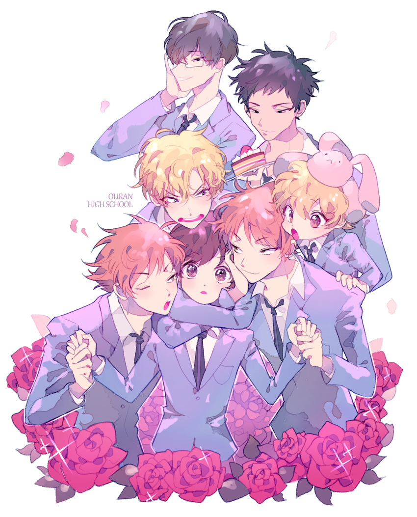 6+boys bad_id bad_pixiv_id black_hair blonde_hair brothers brown_hair copyright_name flower fujioka_haruhi glasses haninozuka_mitsukuni highres hitachiin_hikaru hitachiin_kaoru inhye morinozuka_takashi multiple_boys ootori_kyouya orange_hair ouran_high_school_host_club rose school_uniform short_hair siblings stuffed_animal stuffed_bunny stuffed_toy suou_tamaki twins