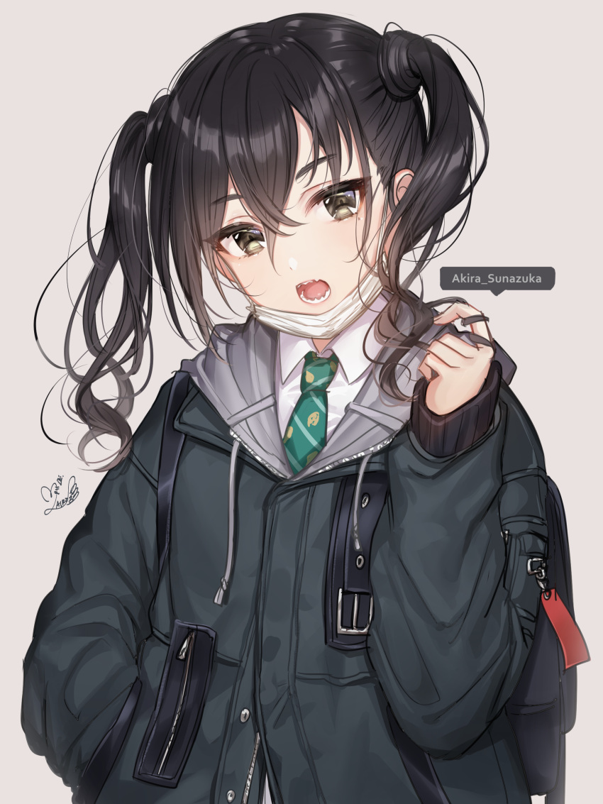 1girl :o absurdres backpack bag bangs black_hair black_jacket brown_eyes character_name collared_shirt commentary_request drawstring eyebrows_visible_through_hair green_neckwear grey_background hair_between_eyes hair_twirling hand_in_pocket hand_up head_tilt highres hood hood_down hooded_jacket idolmaster idolmaster_cinderella_girls ilo jacket long_hair looking_at_viewer mole mole_under_eye necktie open_mouth sharp_teeth shirt sidelocks signature simple_background solo striped striped_neckwear sunazuka_akira teeth twintails upper_body wavy_hair white_shirt