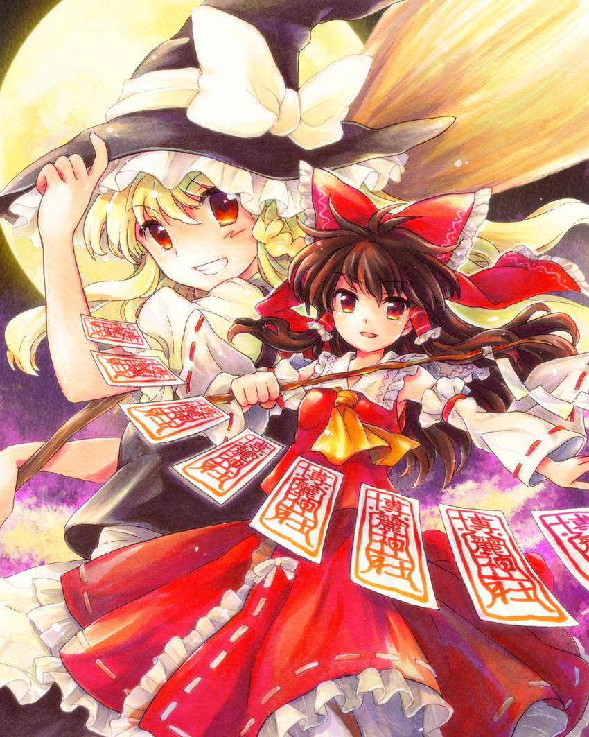 alternate_eye_color blonde_hair bow broom brown_hair floating_card frills full_moon gohei grin hair_bow hair_tubes hakurei_reimu hand_on_headwear highres kirisame_marisa looking_at_viewer marker_(medium) millipen_(medium) mixed_media moon multiple_girls ofuda over_shoulder red_eyes smile tachitsu_teto touhou traditional_media