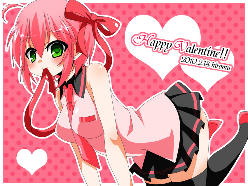 bad_id bad_pixiv_id bent_over bow green_eyes hair_bow happy_valentine heart highres hiromu0713 kanino_pan mouth_hold necktie pink_hair ribbon solo thighhighs utau valentine zettai_ryouiki