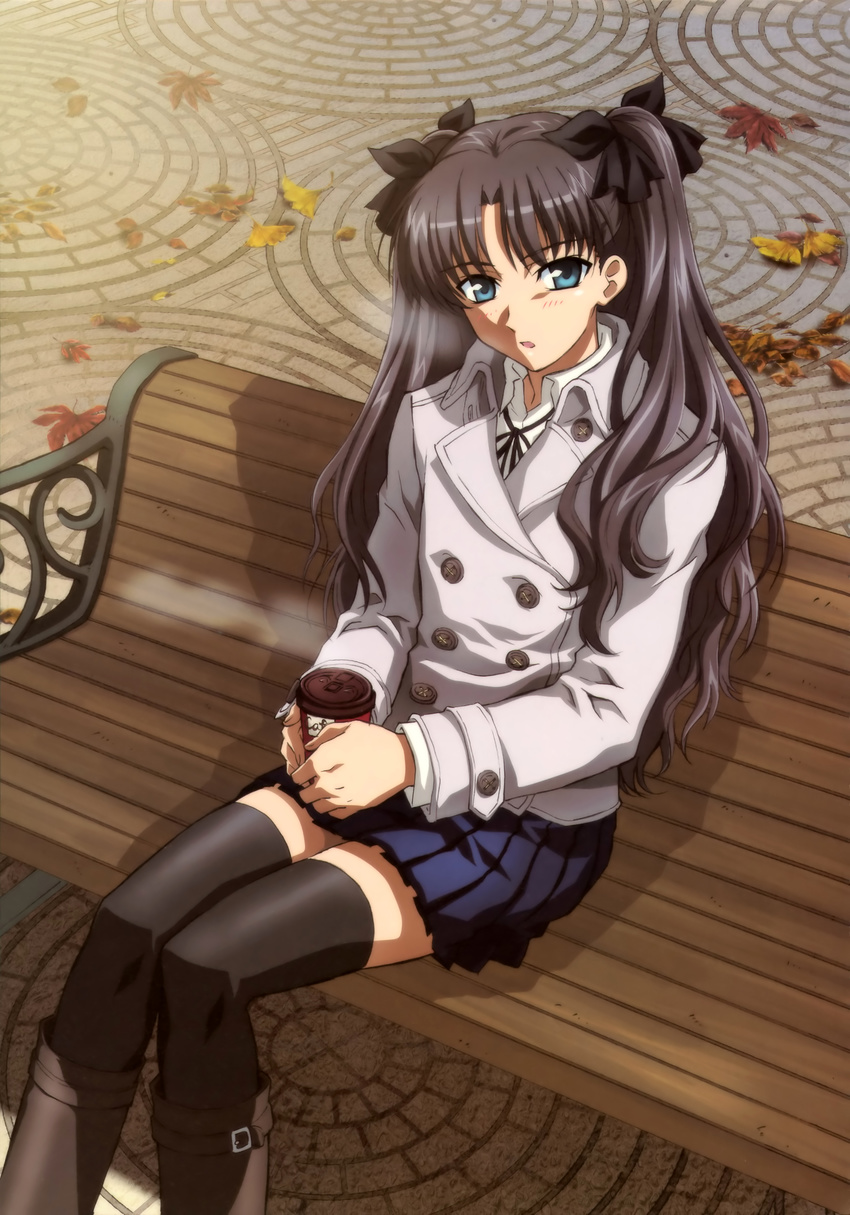 absurdres autumn autumn_leaves bench black_legwear boots bow breath coat coffee fate/stay_night fate_(series) green_eyes hair_bow highres kudou_hirokazu leaf long_hair long_legs looking_at_viewer official_art open_mouth pleated_skirt sitting skirt solo thighhighs toosaka_rin two_side_up zettai_ryouiki