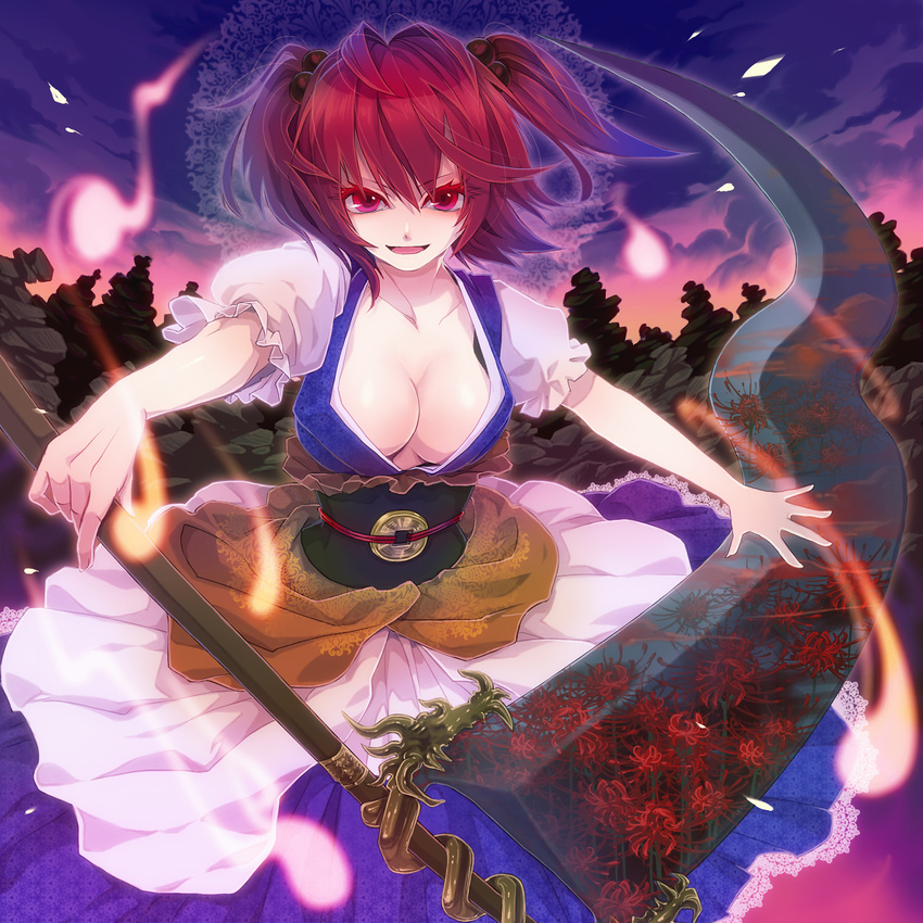 alternate_weapon breasts cleavage dusk flower ghost hair_bobbles hair_ornament highres hitodama large_breasts onozuka_komachi red_eyes red_hair scythe short_hair solo spider_lily touhou two_side_up weapon yukimichi_(nieko)