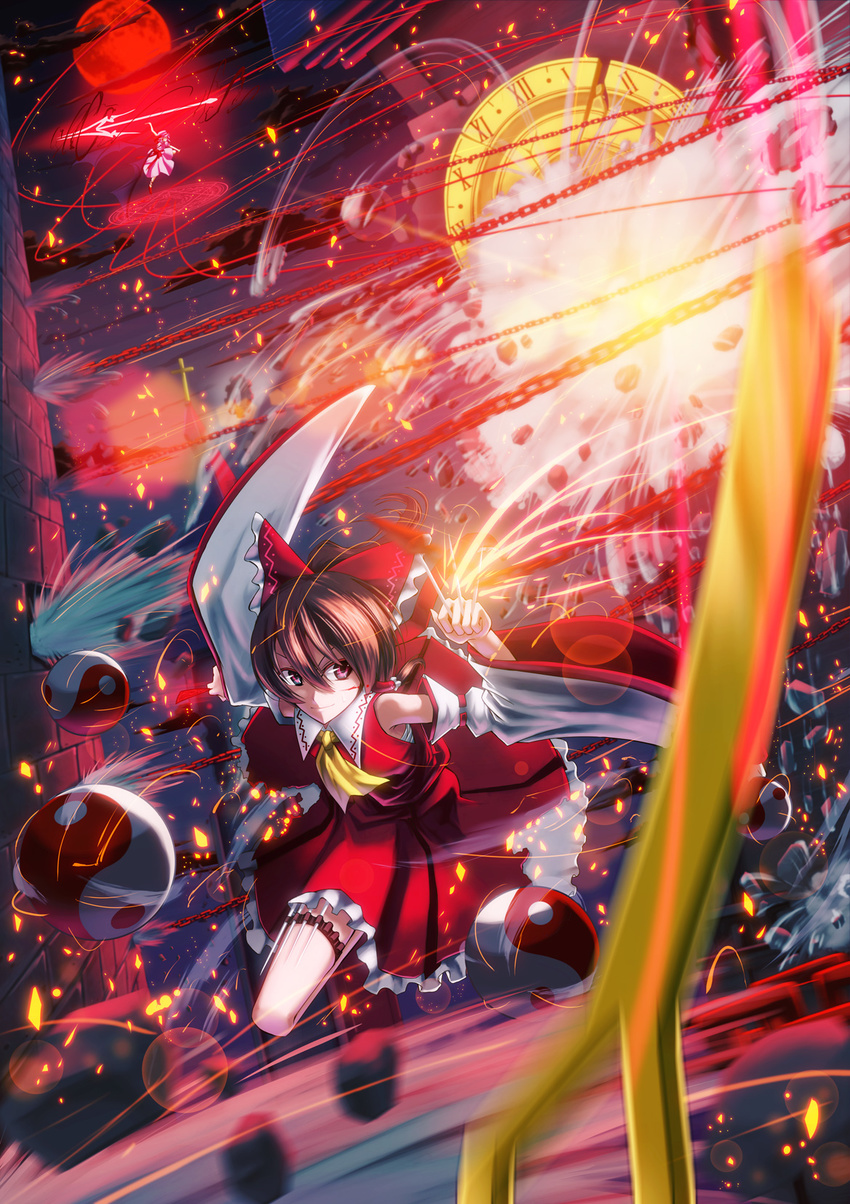 battle danmaku din_(flypaper) hakurei_reimu highres multiple_girls remilia_scarlet spear_the_gungnir touhou yin_yang