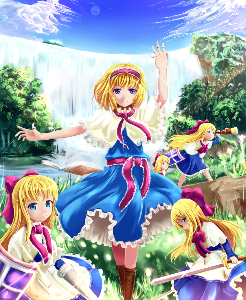 alice_margatroid blonde_hair blue_eyes boots bow dress forest hair_bow hairband highres nature purple_eyes sakura_ani shanghai_doll short_hair solo string sword telescope touhou water waterfall weapon