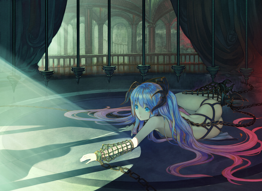 ass blue_eyes blue_hair chain highres horns kimura_daisuke long_hair lying multicolored_hair nude pink_hair pixiv_fantasia pixiv_fantasia_4 solo tail very_long_hair