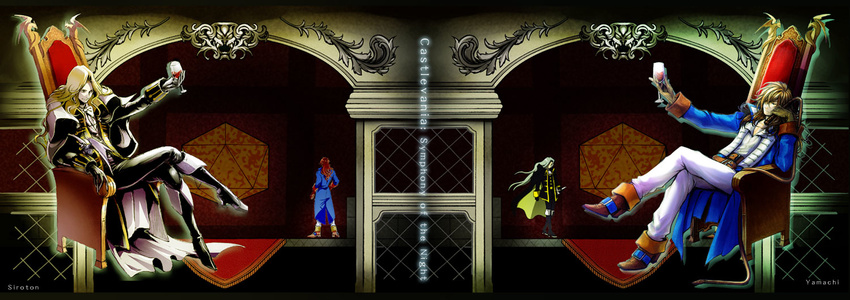 alucard_(castlevania) boots brown_hair cape castlevania castlevania:_symphony_of_the_night chair coat crossed_legs cup cupping_glass drinking_glass english gloves long_hair male_focus monster multiple_boys richter_belmondo save_point shiroton_(kazamineko) silver_hair sitting toast_(gesture) whip wine_glass