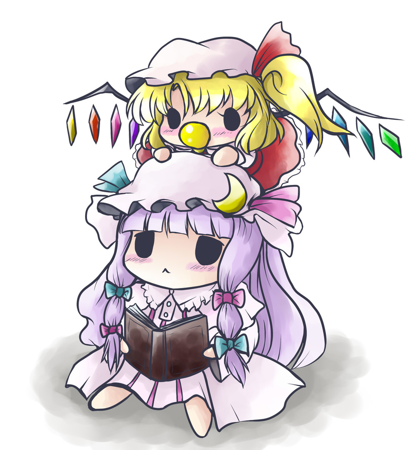 :&lt; baby bangs blunt_bangs blush book bow chibi chibi_on_head flandre_scarlet hair_bow hat highres hime_cut long_hair multiple_girls on_head pacifier patchouli_knowledge purple_hair side_ponytail solid_circle_eyes touhou wings younger yume_shokunin
