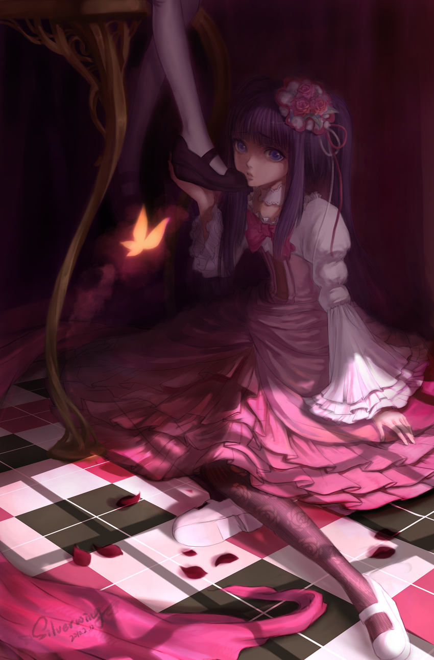 blue_eyes blue_hair bow bug butterfly checkered checkered_floor choker dress foot_hold foot_worship frederica_bernkastel frills furudo_erika hair_ornament highres insect lolita_fashion long_hair looking_at_viewer mary_janes pantyhose parted_lips petals shoes signature silverwing sitting skirt solo_focus too_many too_many_frills twintails umineko_no_naku_koro_ni