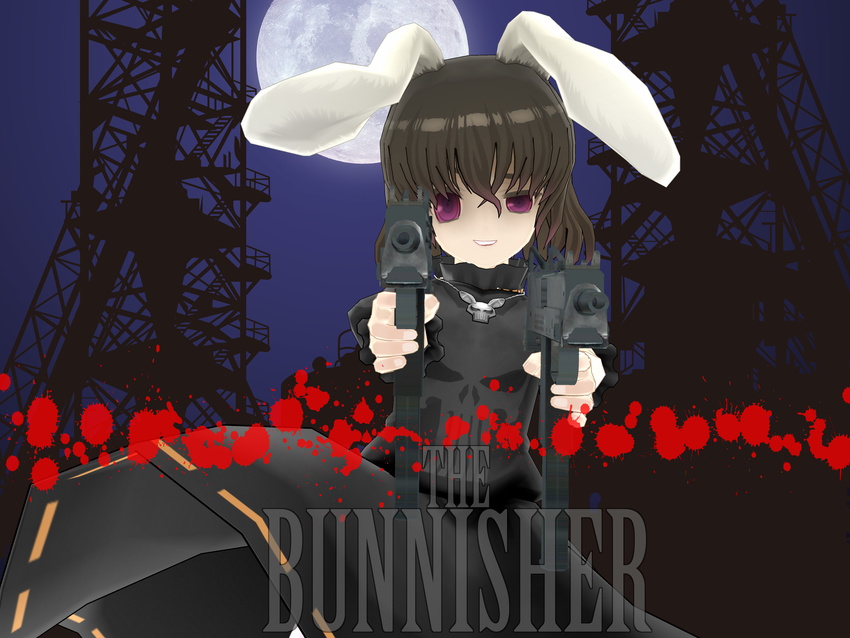 3d absurdres animal_ears black_hair bunny_ears cosplay dual_wielding gun highres holding inaba_tewi mac-11 marvel mikumikudance montekoa parody pun punisher punisher_(cosplay) red_eyes short_hair skull solo submachine_gun the_punisher touhou weapon