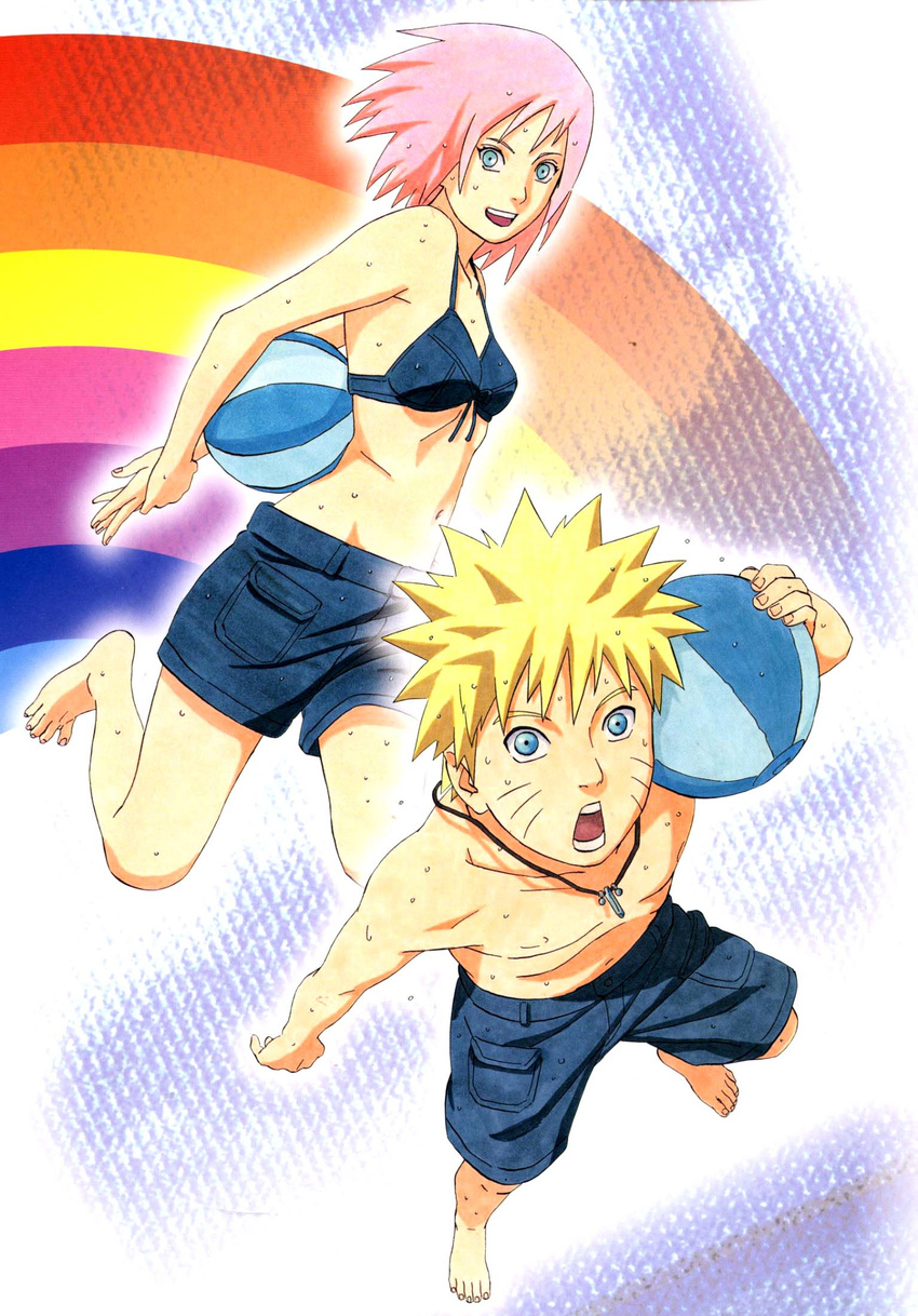 1girl artbook ball beachball bikini_top blonde_hair blue_bikini_top blue_eyes green_eyes haruno_sakura highres jewelry kishimoto_masashi looking_at_viewer male_swimwear naruto_(series) naruto_shippuuden necklace official_art pink_hair rainbow scan swim_trunks swimwear uzumaki_naruto