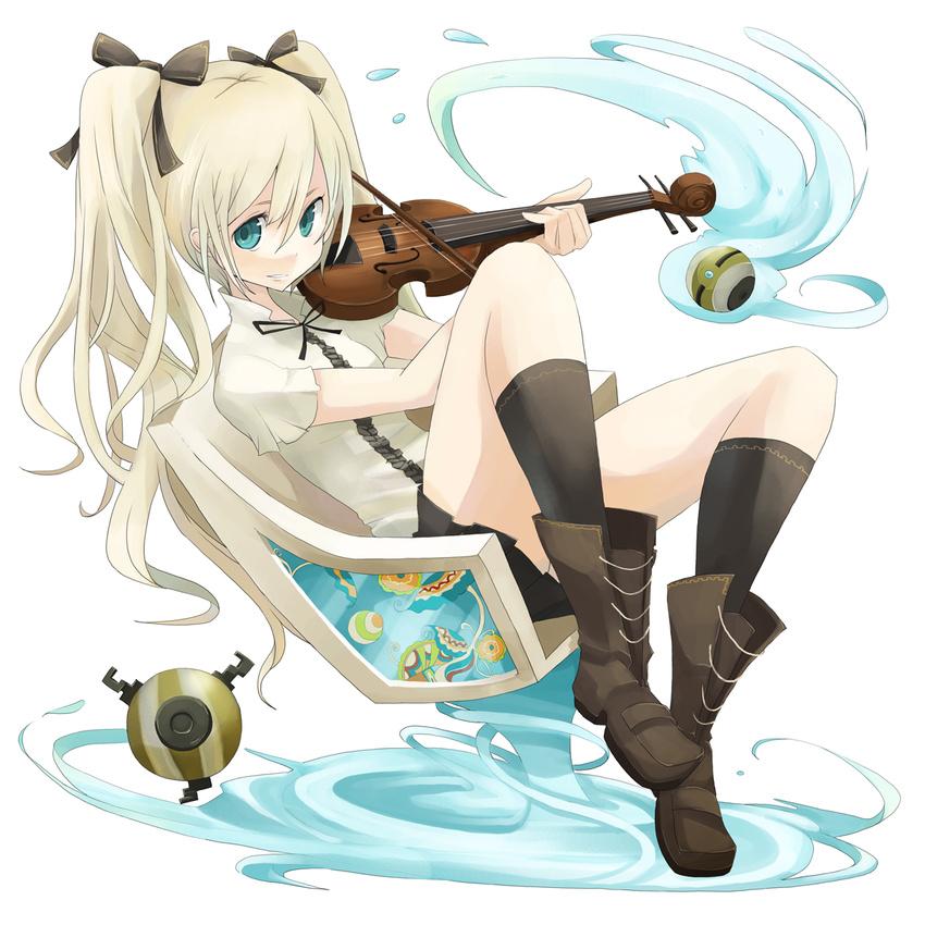 aqua_eyes blonde_hair chair full_body highres instrument kneehighs long_hair original sitting smile socks solo tansuke violin