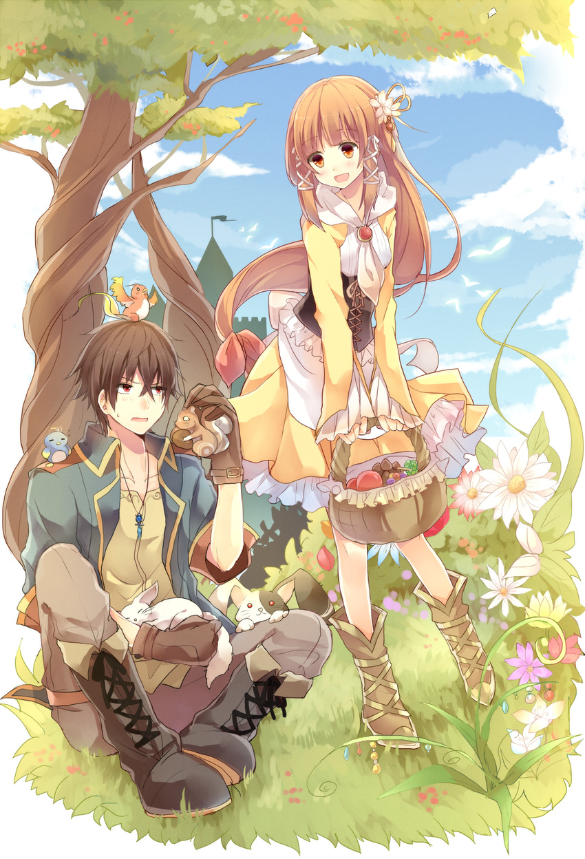 1girl animal bangs bird blonde_hair blue_sky blush boots brown_gloves brown_hair brown_pants bunny castle chipmunk cloud cloudy_sky collarbone day dress eyebrows eyebrows_visible_through_hair flag flower frilled_dress frills gloves grass hair_between_eyes hair_flower hair_ornament highres hiiragi_souren holding holding_animal jacket jewelry knee_boots leaf long_hair looking_at_another nature neckerchief necklace open_mouth original outdoors pants pendant red_eyes ribbon shirt short_sleeves sidelocks silhouette sitting sky sleeves_past_wrists smile squirrel standing sweatdrop tree very_long_hair yellow_eyes yellow_ribbon yellow_shirt