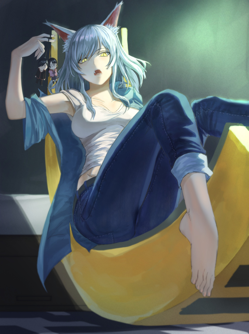 1girl absurdres animal_ear_fluff animal_ears araragi_koyomi artist_request barefoot black_hanekawa blue_shirt breasts cat_ears character_doll denim feet fingernails hanekawa_tsubasa highres jeans looking_at_viewer medium_breasts monogatari_(series) nekomonogatari open_clothes open_mouth open_shirt pants sharp_fingernails shirt slit_pupils solo white_hair white_shirt yellow_eyes