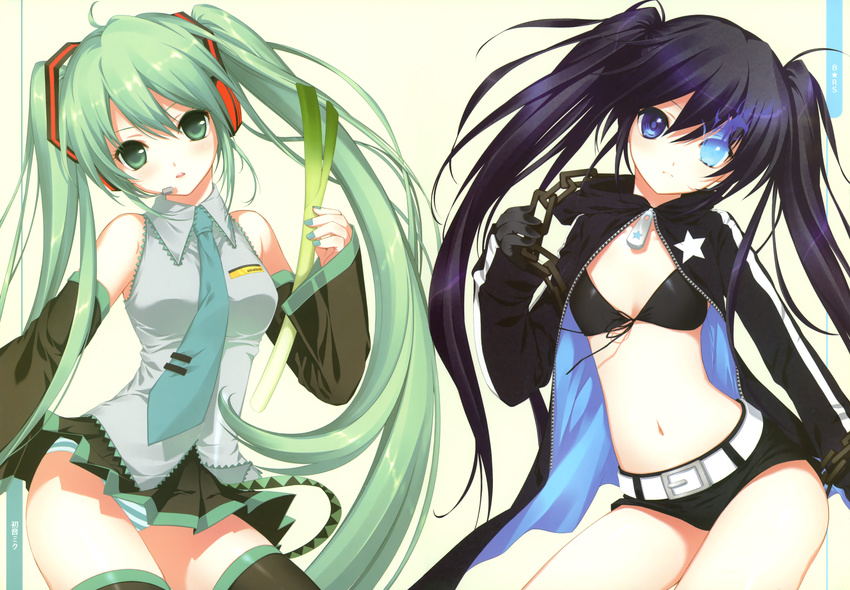 bikini_top black_rock_shooter black_rock_shooter_(character) cleavage crossover dmyo fixed hatsune_miku headphones open_shirt pantsu shimapan snow_ring thighhighs vocaloid