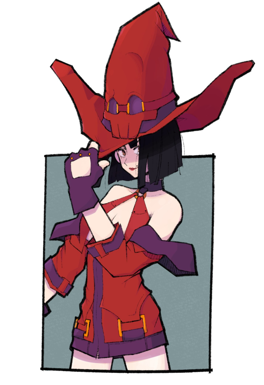 1girl bare_shoulders big_hat black_hair closed_mouth fingerless_gloves gloves guilty_gear guilty_gear_xrd hat highres i-no mole mole_above_mouth ookiyoart red_hat short_hair simple_background smile solo white_background witch_hat